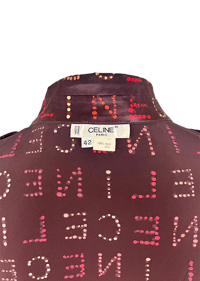 Brown Silk Logo Button Down Blouse