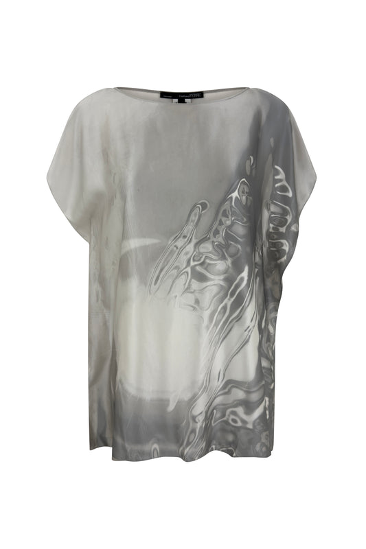 Grey silk Gianfranco Ferré top with abstract water print on white background