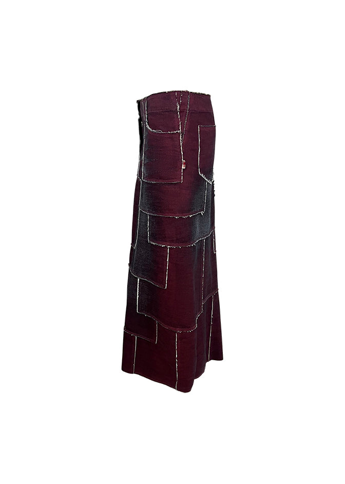 Burgundy Patchwork Denim Maxi Skirt