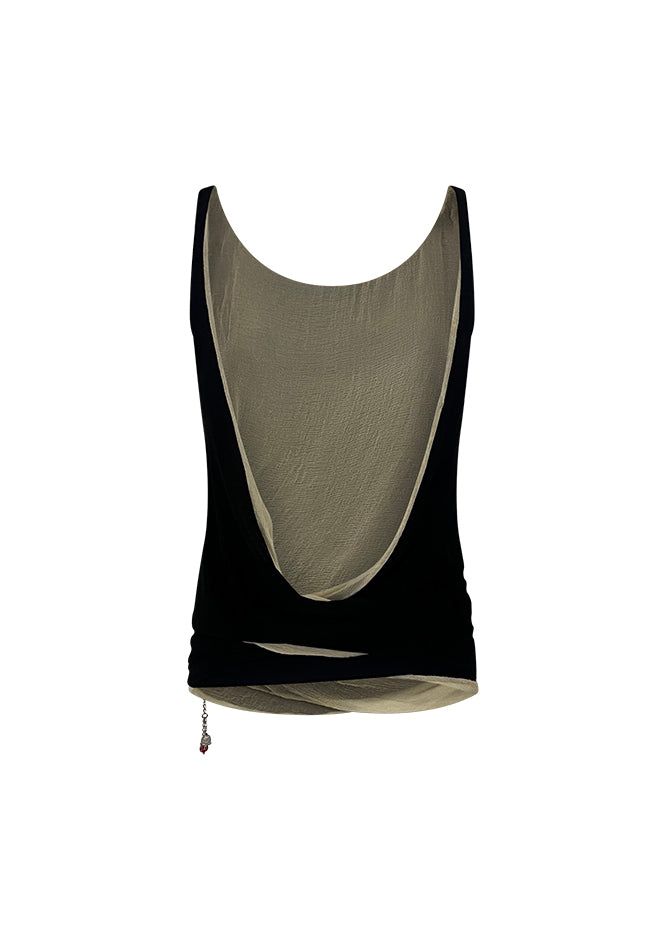 Black & Beige Silk Double Tank with Charms
