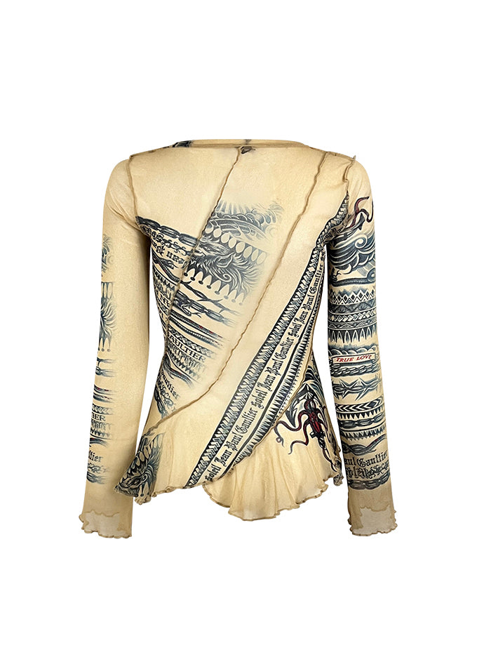 Beige Mesh Tattoo Logo Print Top