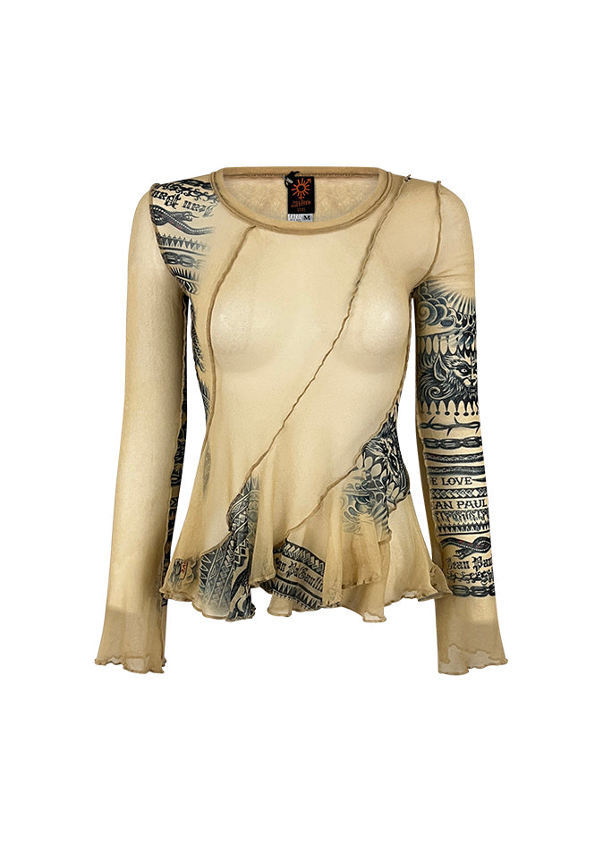 Beige Mesh Tattoo Logo Print Top