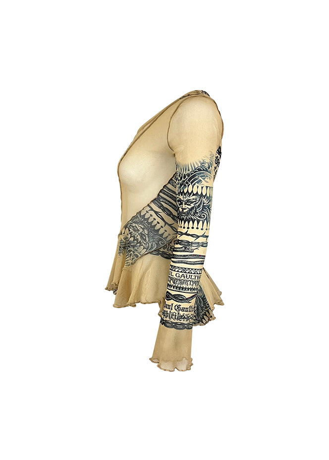 Beige Mesh Tattoo Logo Print Top