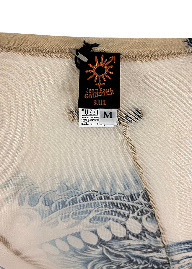 Beige Mesh Tattoo Logo Print Top