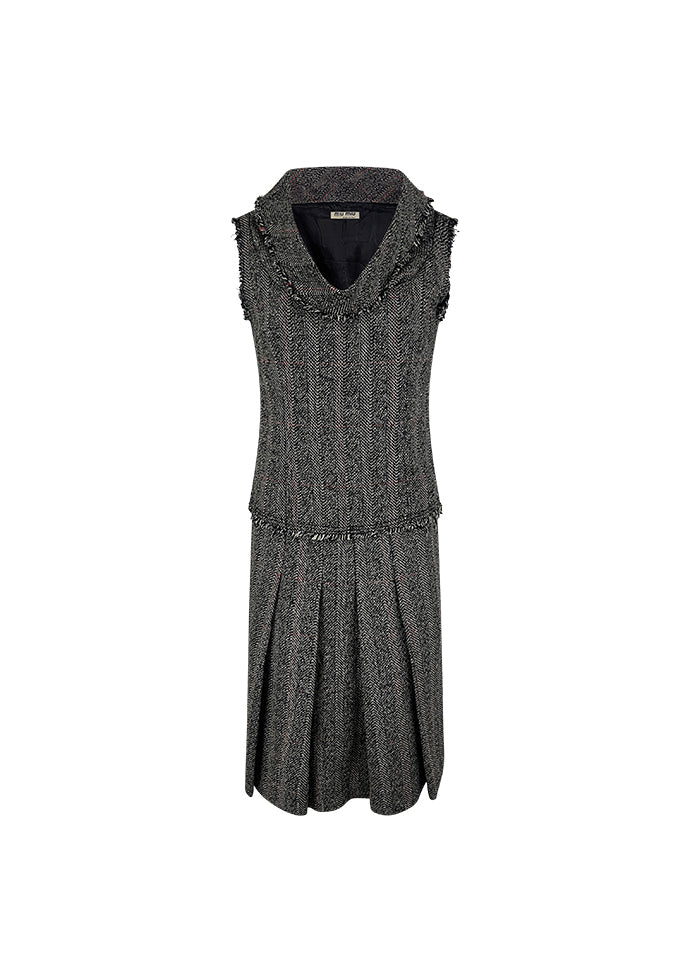 Grey & Red Tweed Sleeveless Top and Skirt Set