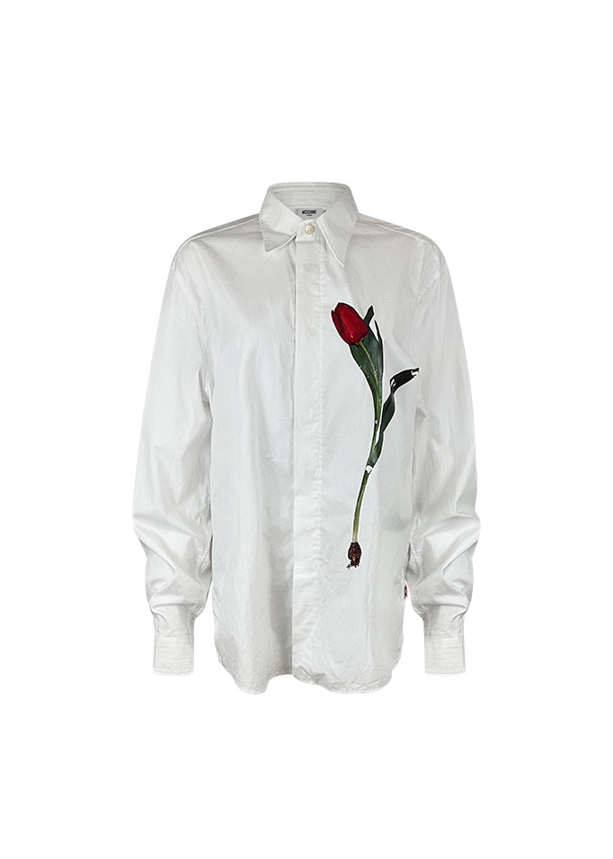 White Cotton Button Down with Tulip Applique