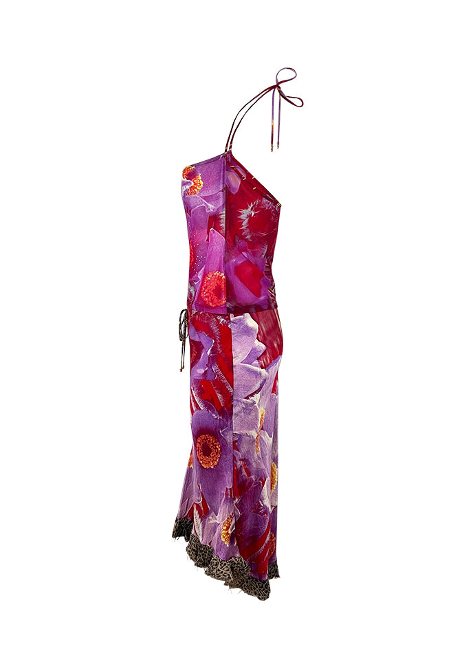 Multicolor Abstract Floral Print Rhinestone Mesh Halter Top