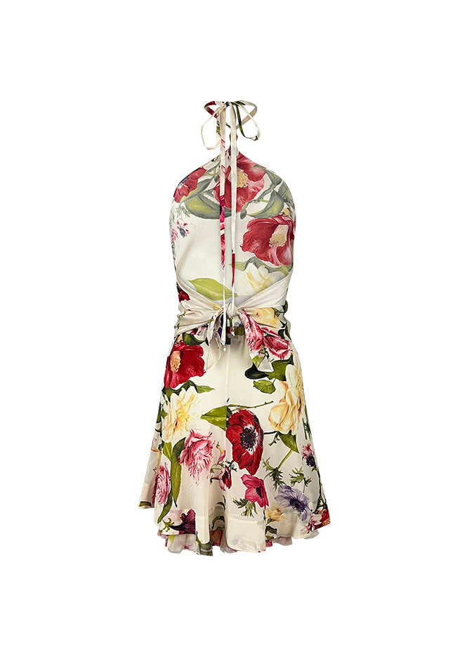 White Silk Floral Halter Top & Skirt Set