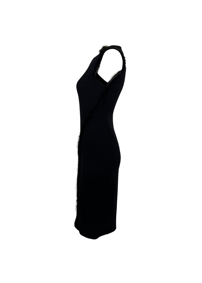 Couture Black Mink Trim Midi Dress
