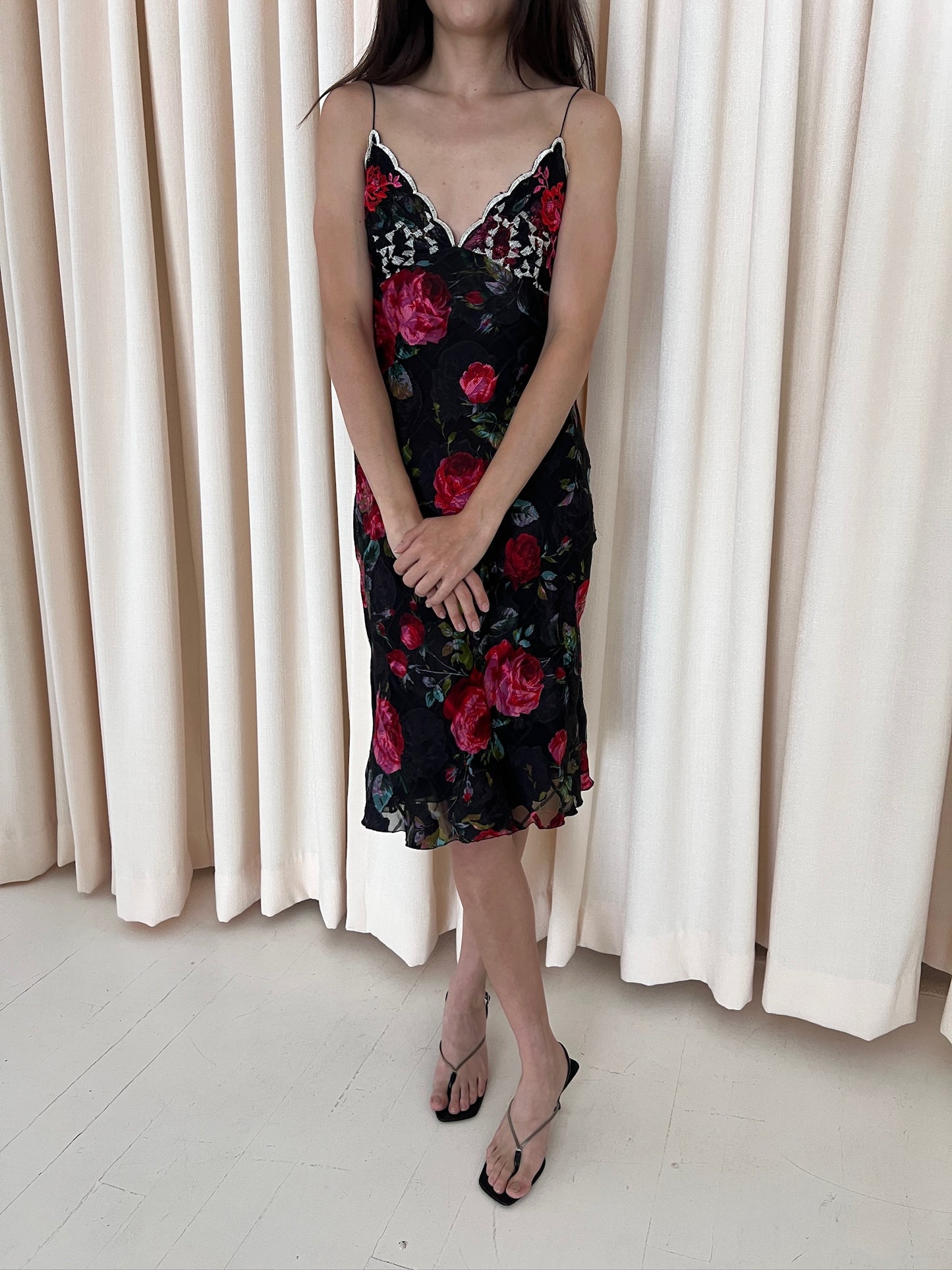Black Rose Print Silk Camisole Dress