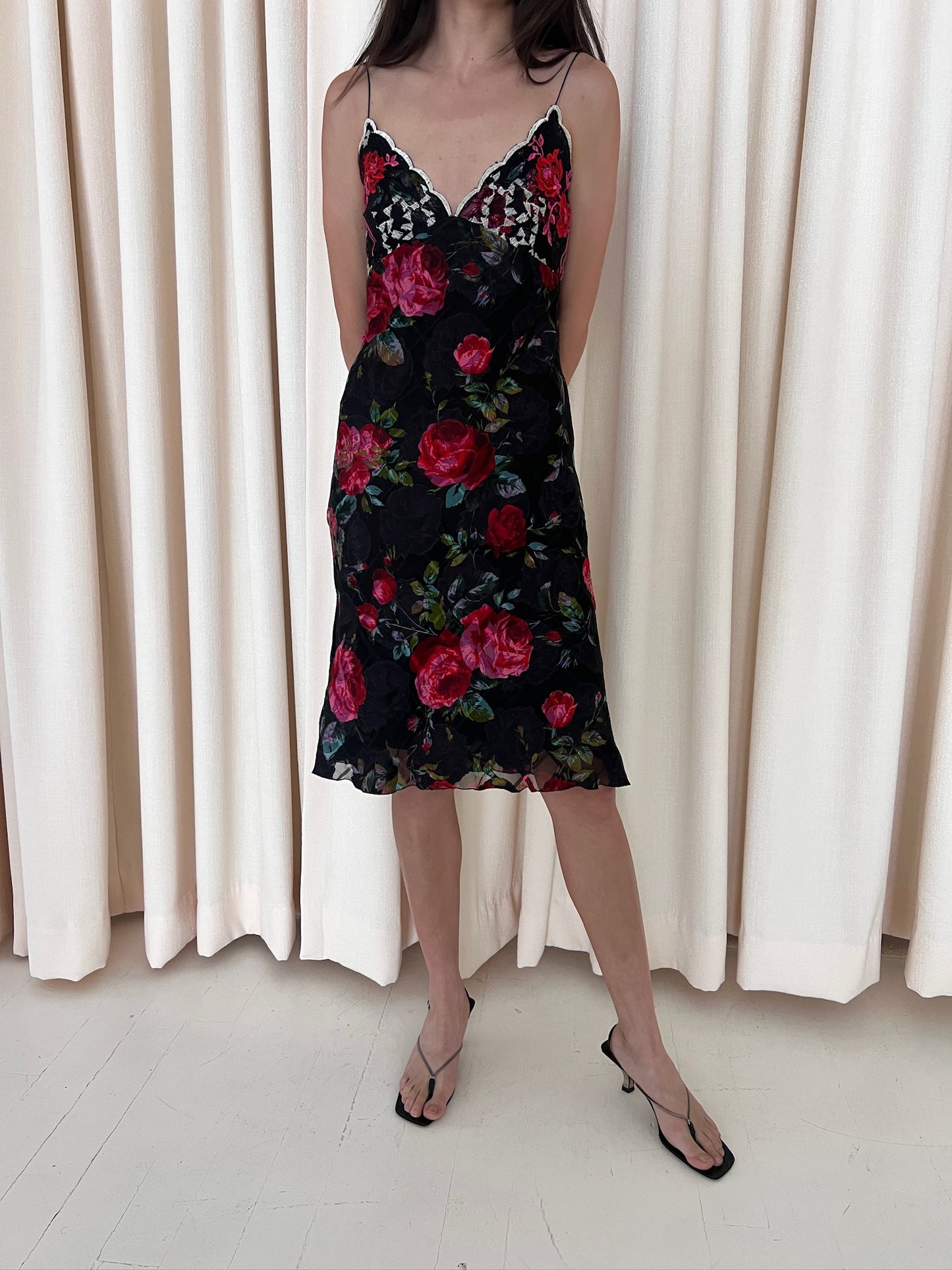 Black Rose Print Silk Camisole Dress