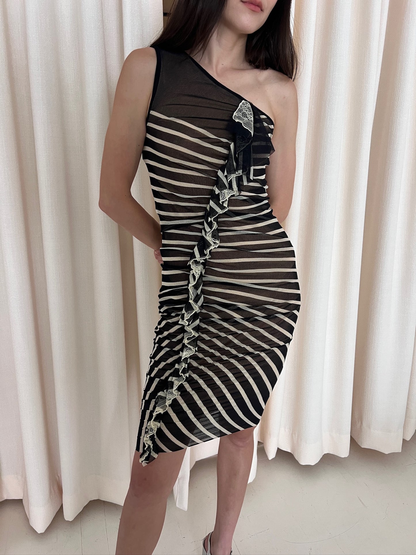 Navy & White Off-the-Shoulder Striped Ruffle Dress