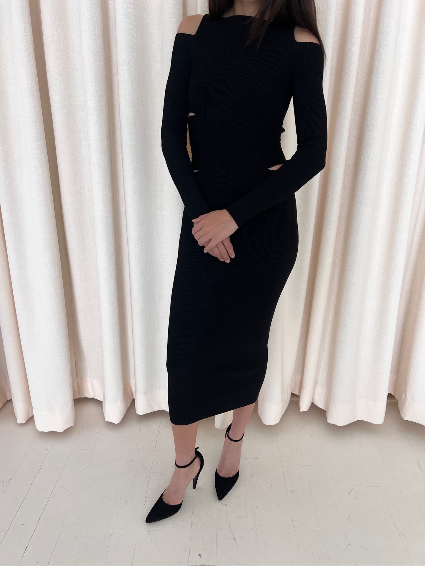 Black Knit Cutout Ribbed Midi Dress