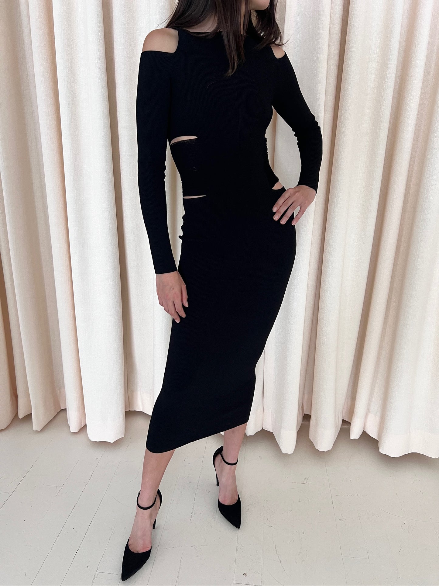 Black Knit Cutout Ribbed Midi Dress