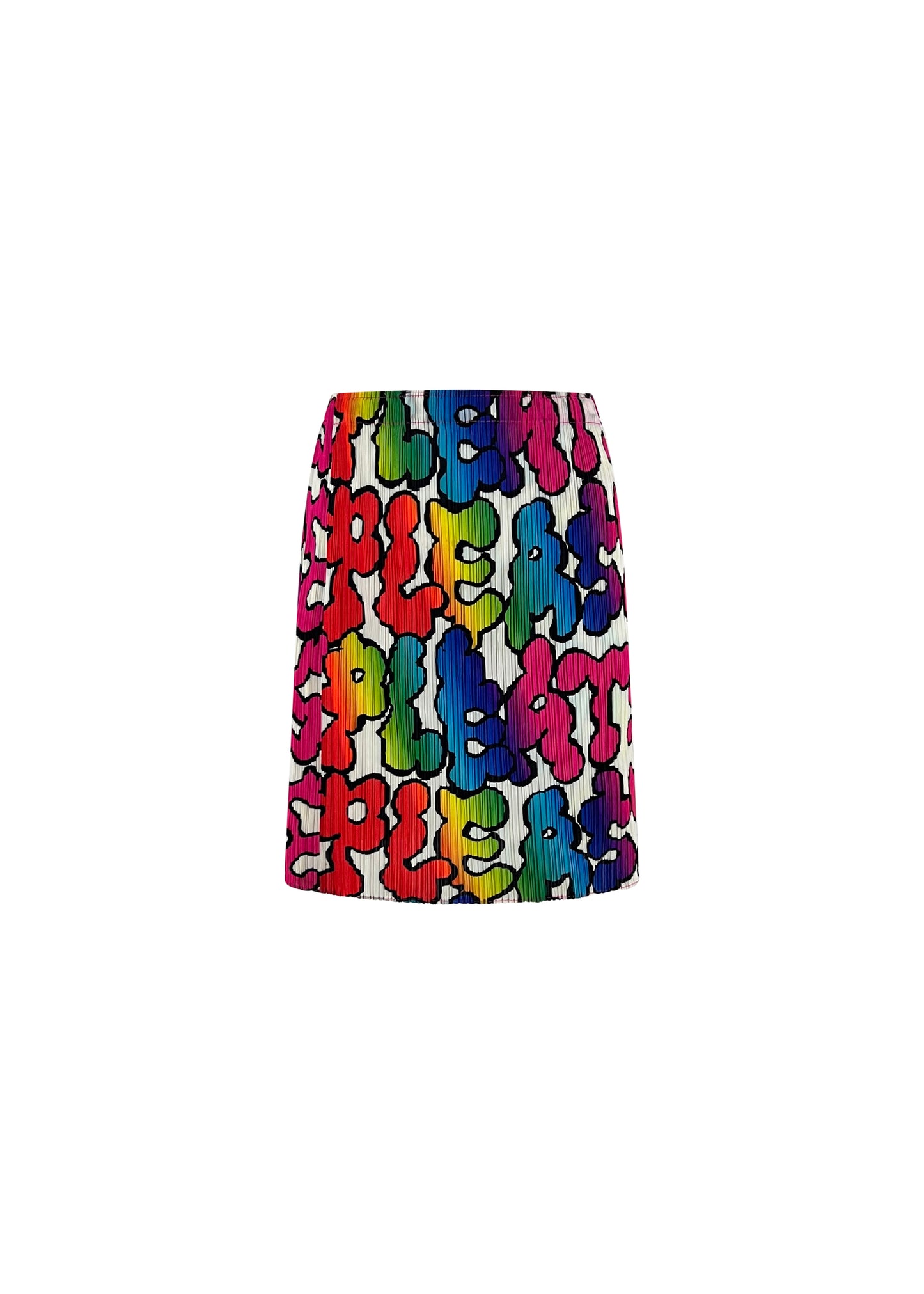 White & Rainbow Pleats Please Bubble Letters Mini Skirt