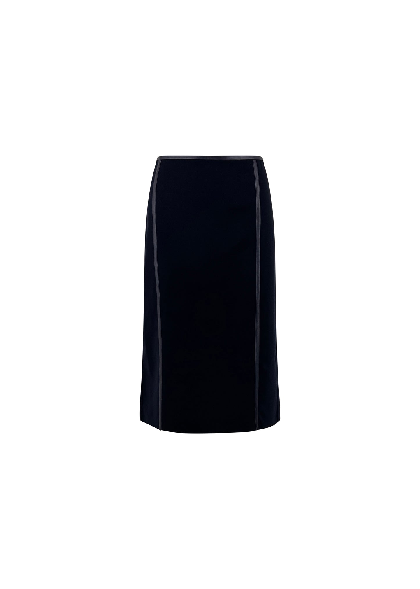 Black Wool Pencil Skirt with Leather Trim