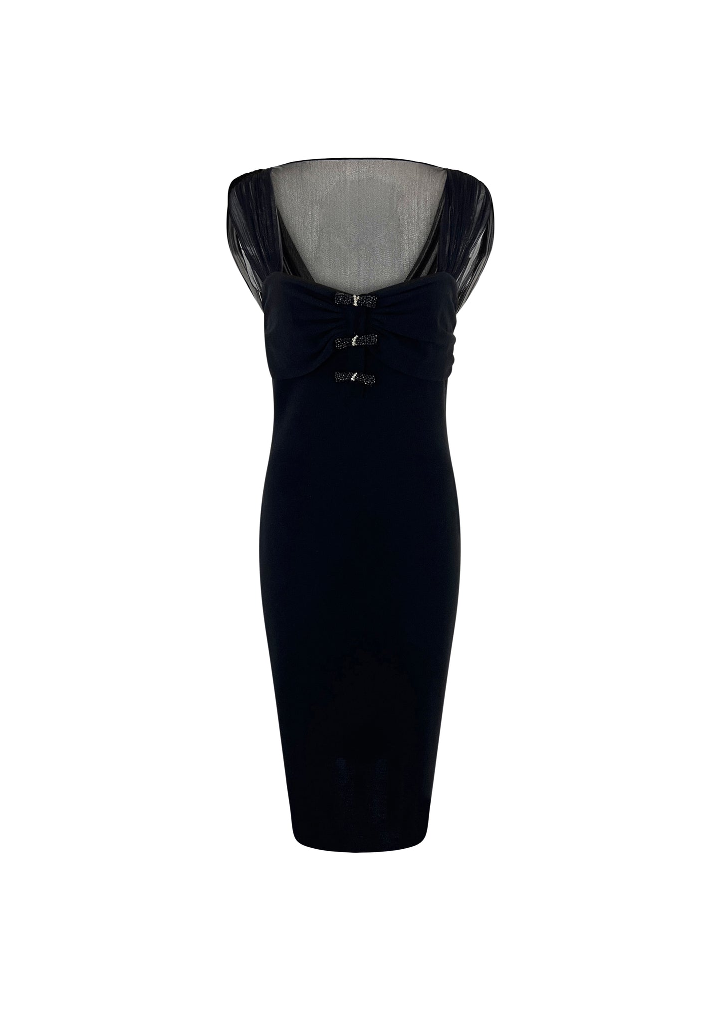 Black Mesh Crystal Bow Front Dress