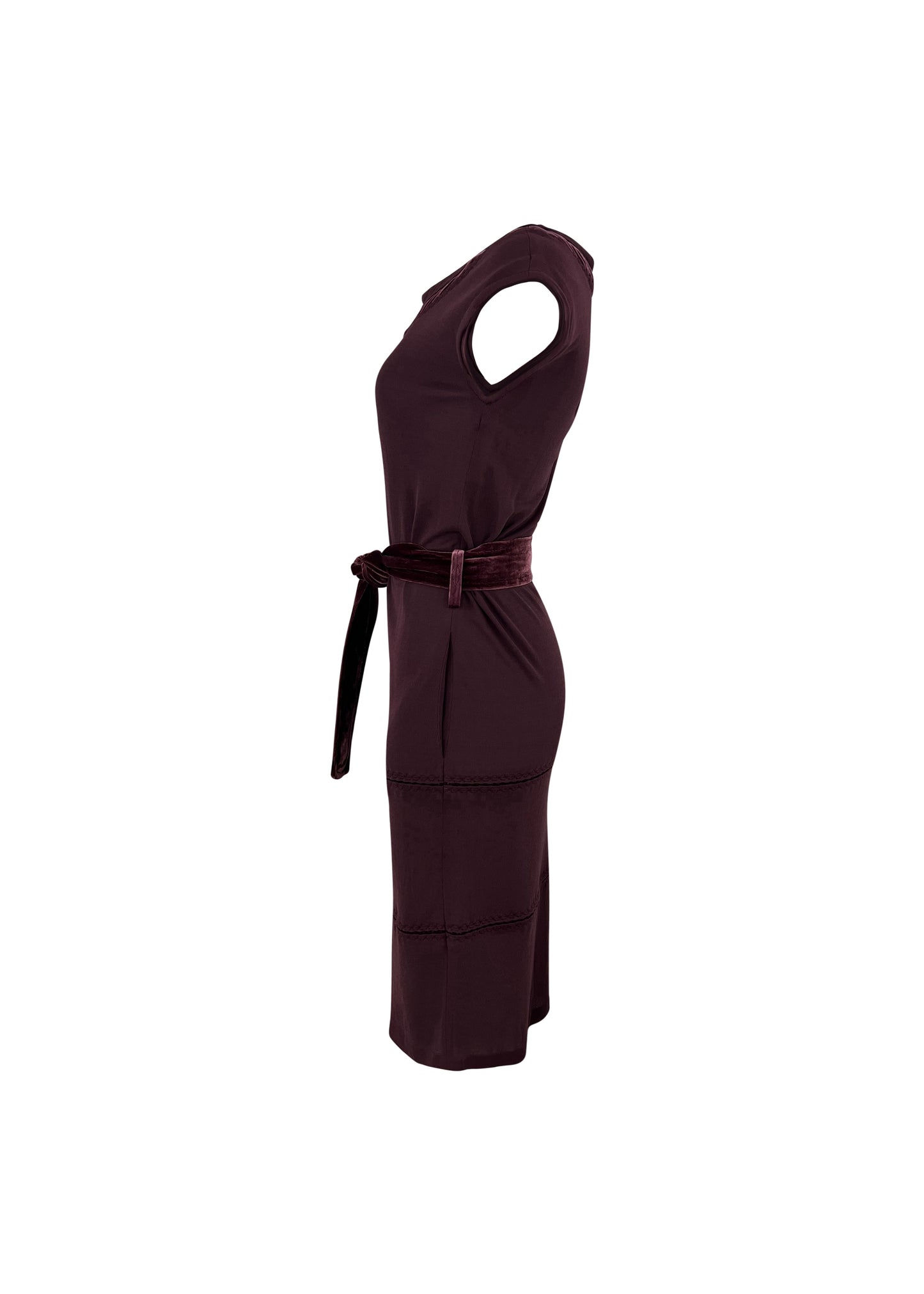 Burgundy Cap Sleeve Dress with Velvet Trim