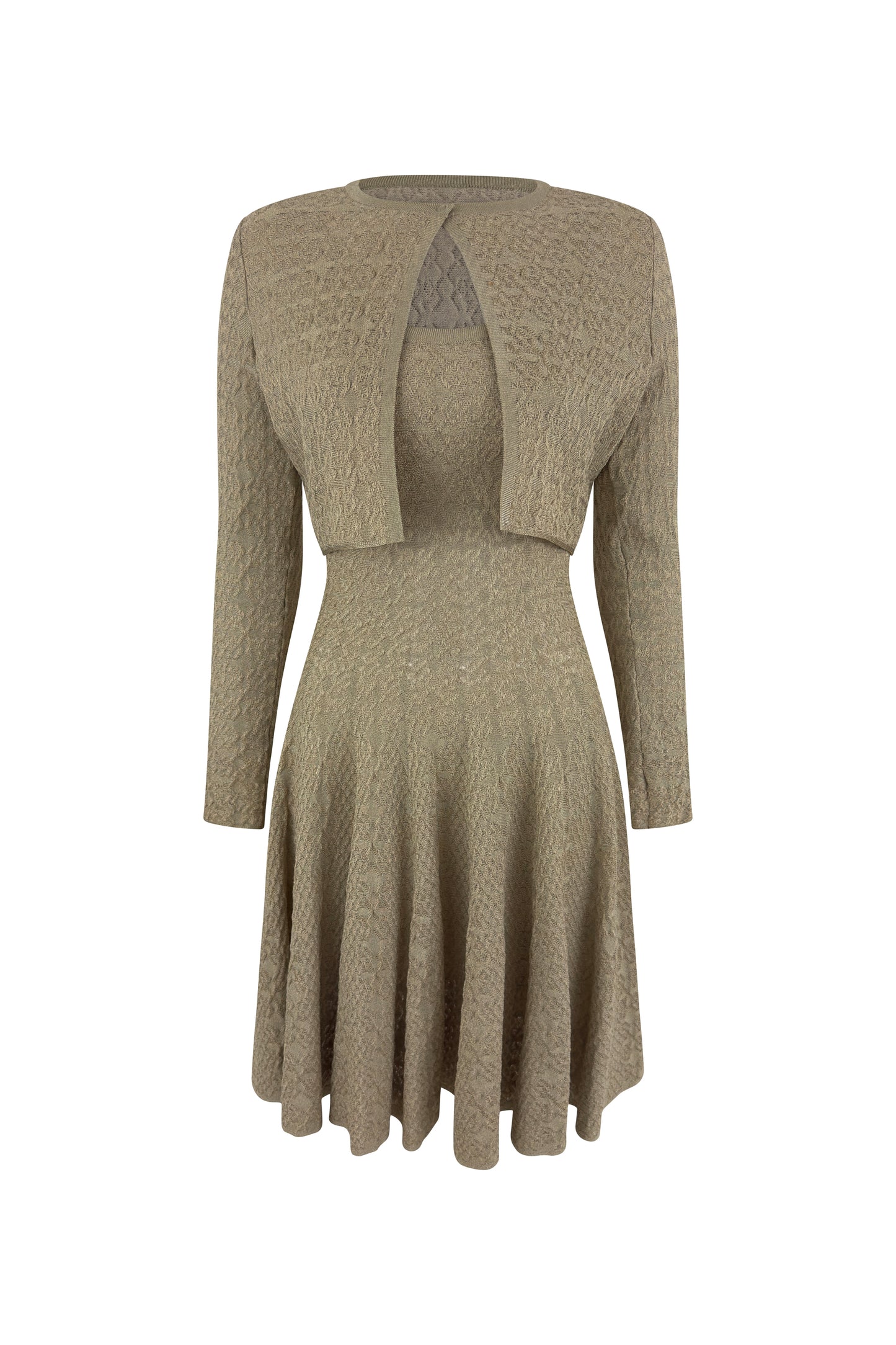 Alaïa gold ribbed knit dress and matching cardigan set, front view on mannequin.