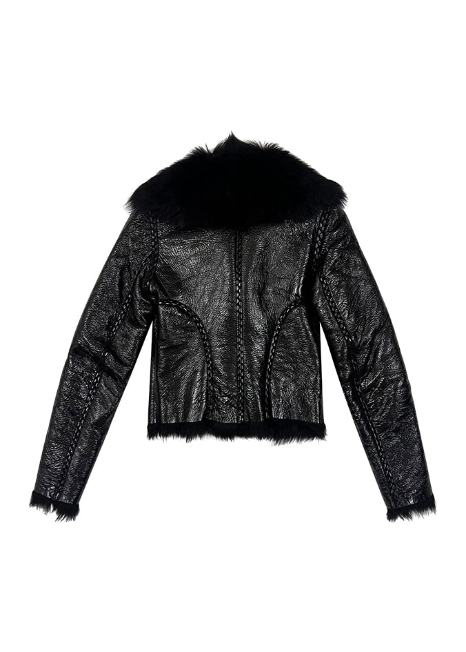 Black Patent Leather and Fur Lined Jacket