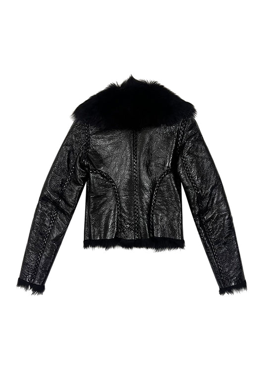 Black Patent Leather and Fur Lined Jacket