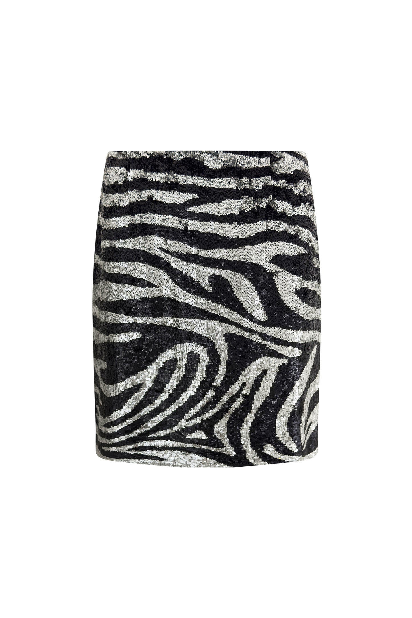 Black and silver sequin Celine zebra-pattern mini skirt on white background