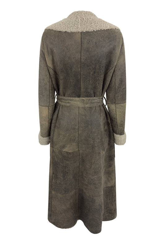 Grey Distressed Leather Shearling Coat