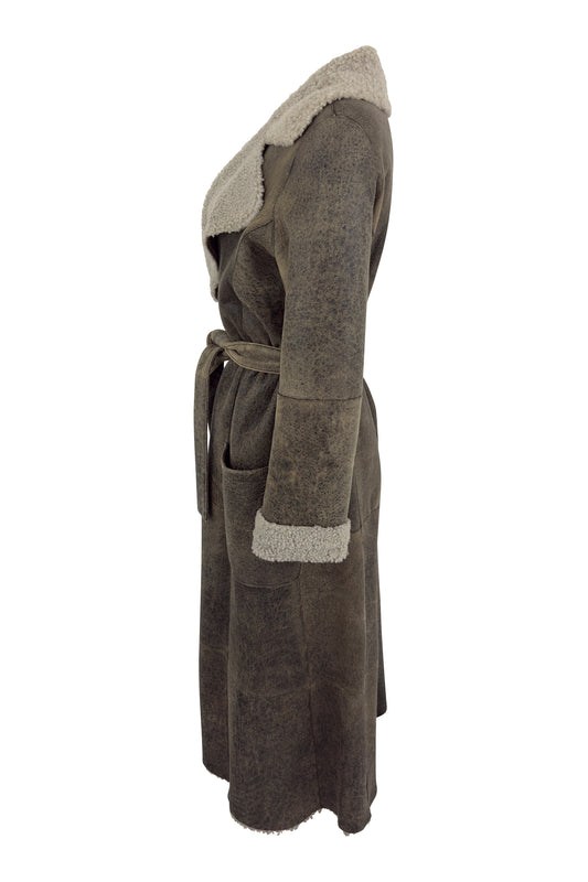 Grey Distressed Leather Shearling Coat