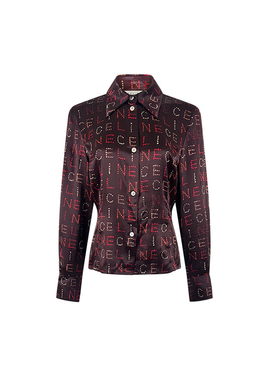 Brown Silk Logo Button Down Blouse