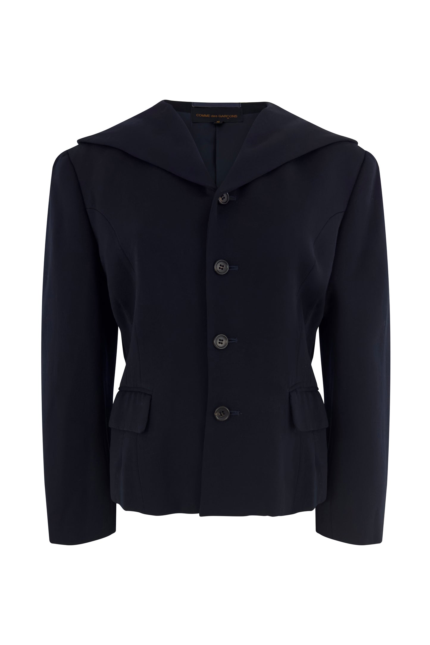 Comme des Garçons navy wool hooded blazer from the 2000s.