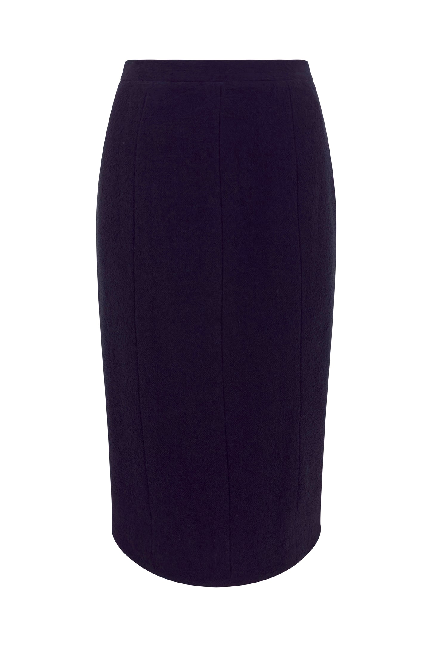 Black Chanel wool pencil skirt with button-back detailing on white background