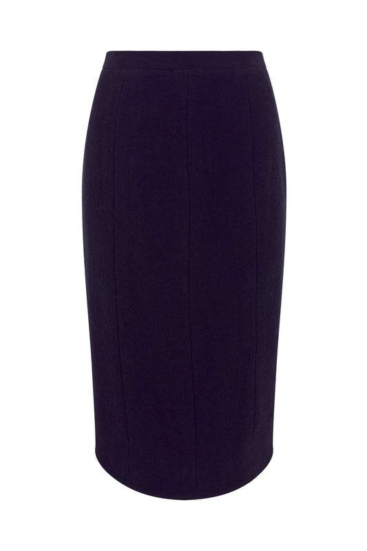 Black Chanel wool pencil skirt with button-back detailing on white background