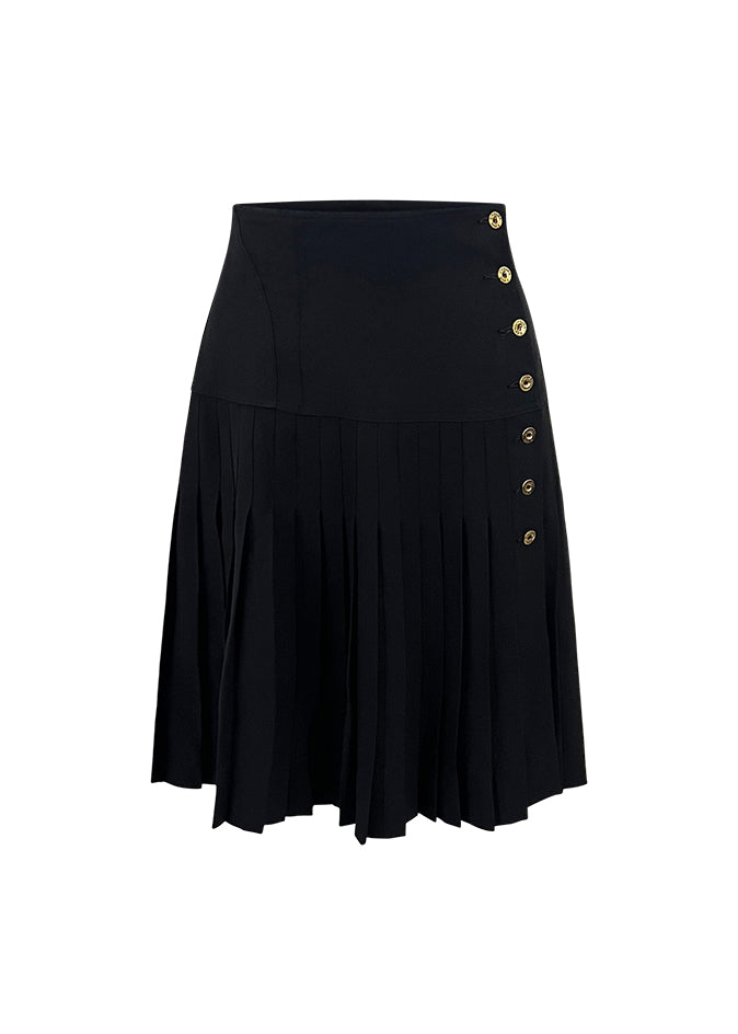 Black Crepe Pleated Button Side Skirt