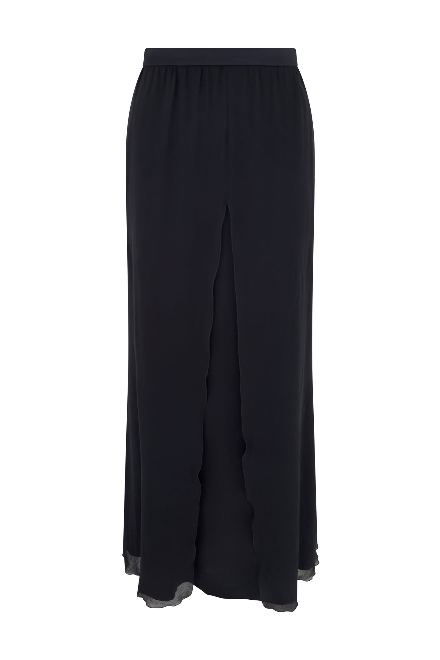 Black Chanel silk layered maxi skirt with flowing panels on white background