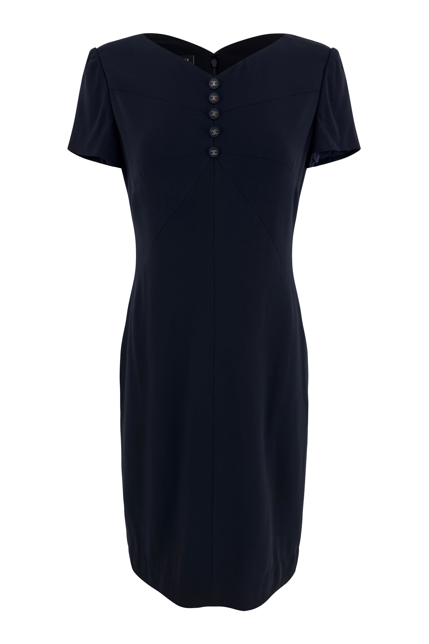 Navy Chanel short-sleeve wool dress with sweetheart neckline and gold logo buttons on white background