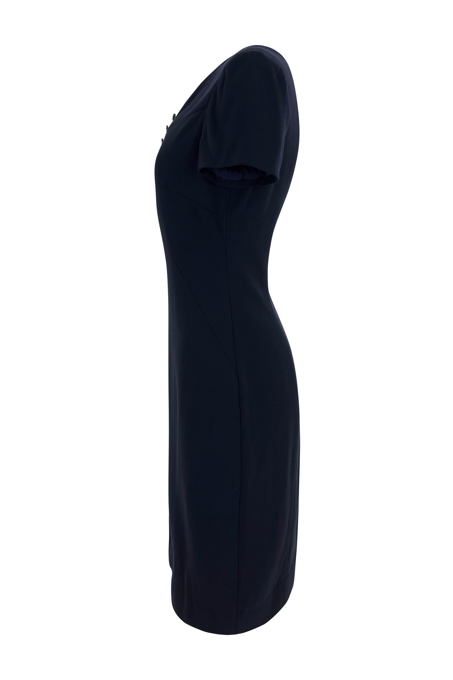 Navy Wool Short Sleeve Logo Button Sweetheart Dress