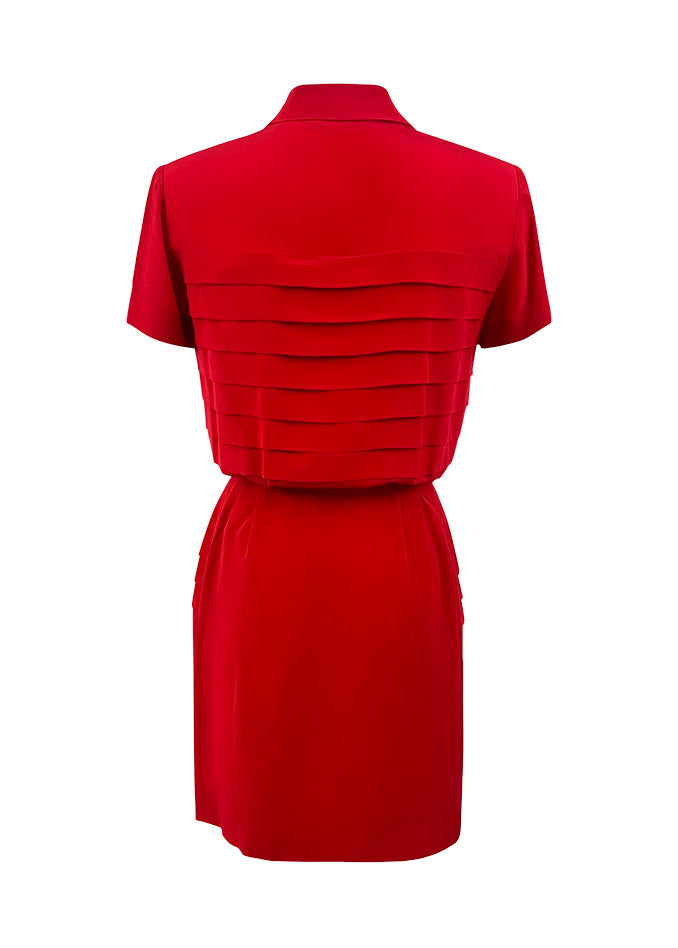 Red Silk Pleated Button Front Dress
