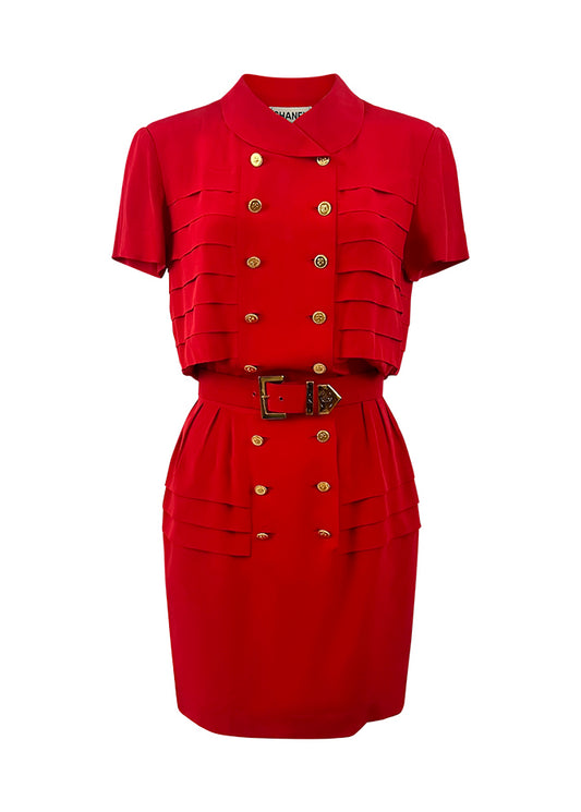 Red Silk Pleated Button Front Dress