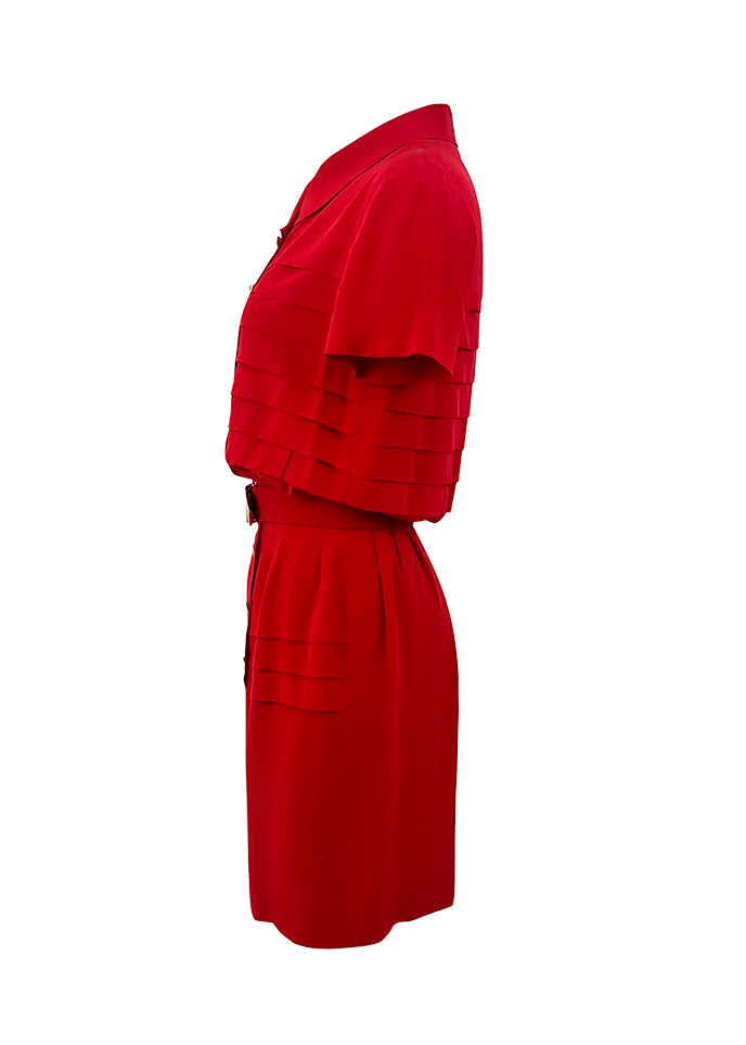 Red Silk Pleated Button Front Dress
