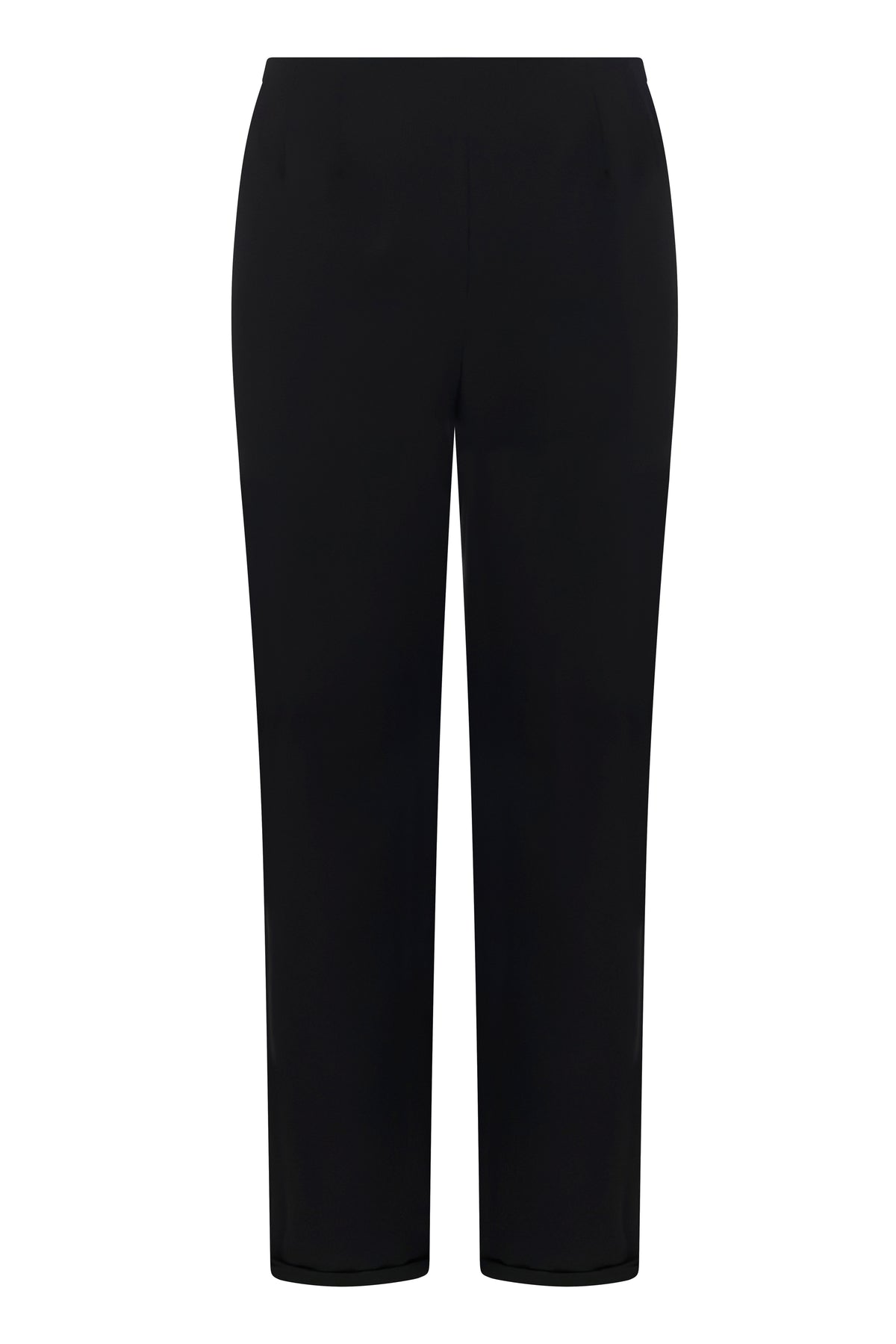 Black Chanel wool tailored trousers with cuffed hem on white background