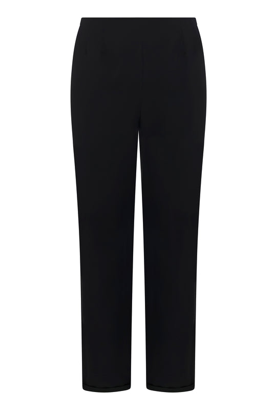 Black Chanel wool tailored trousers with cuffed hem on white background