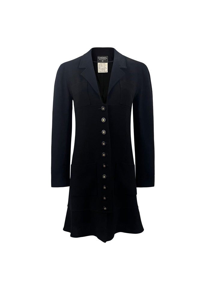 Black Boucle Logo Button Up Dress