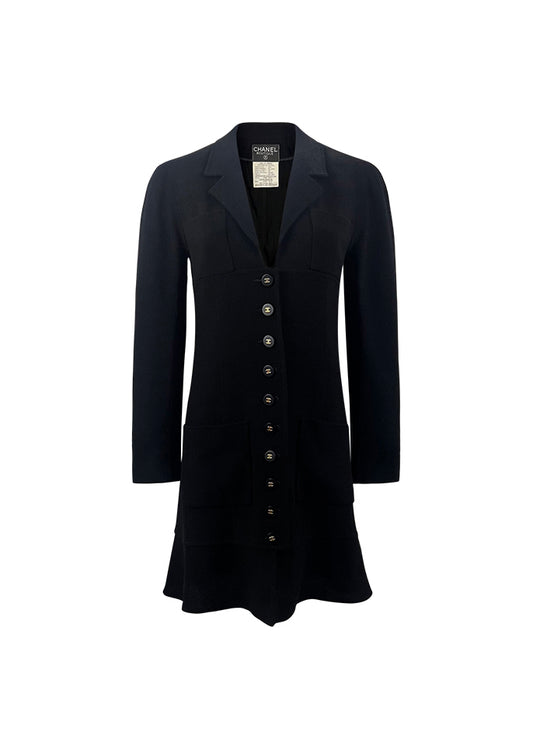Black Boucle Logo Button Up Dress