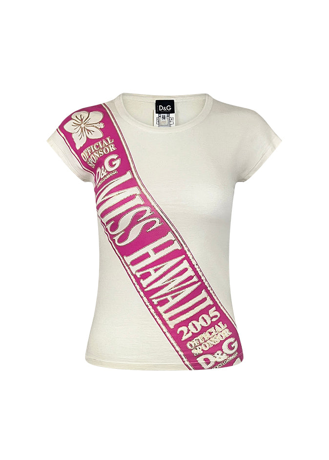 White Cotton Miss Hawaii '05 Sash Tee