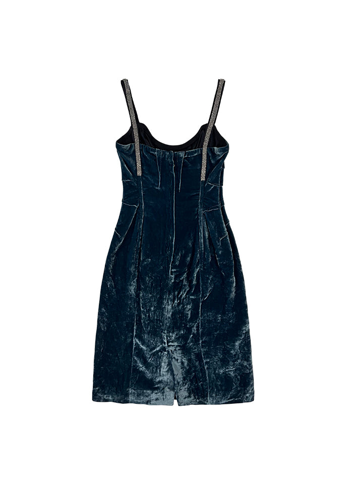 Teal Velvet Crystal Strap Dress