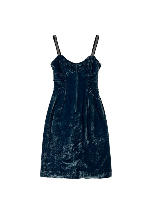 Teal Velvet Crystal Strap Dress
