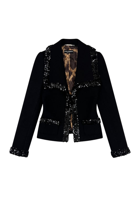 Black Wool Sequin Trim Jacket
