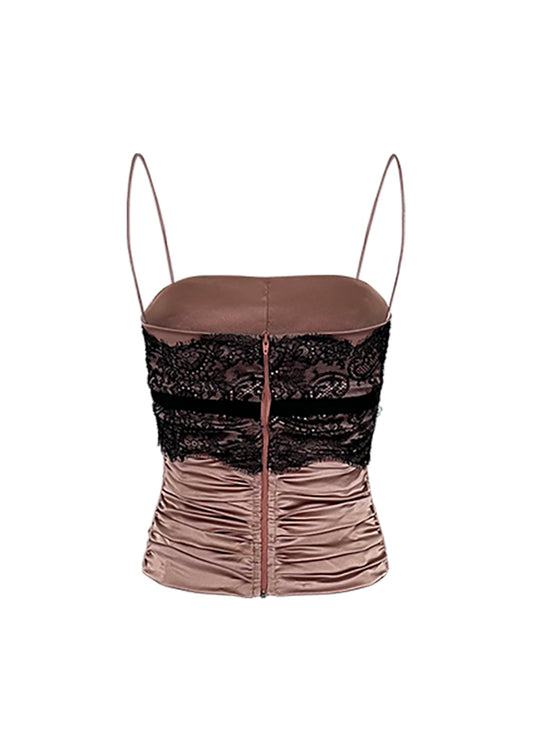 Mauve Silk Ruched Corset Top with Black Lace
