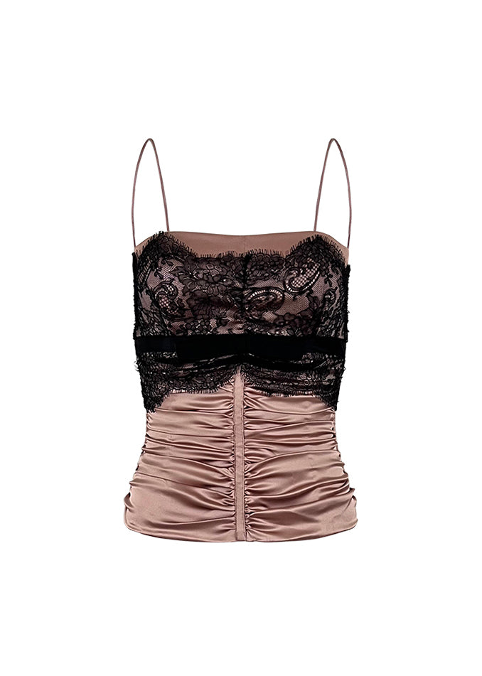 Mauve Silk Ruched Corset Top with Black Lace