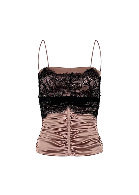 Mauve Silk Ruched Corset Top with Black Lace